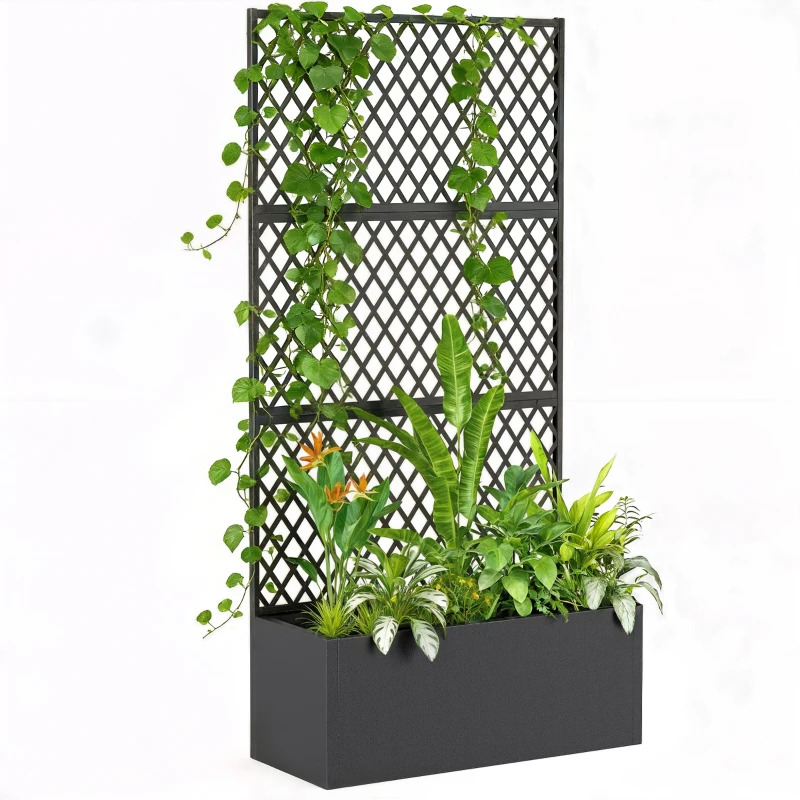 Outsunny Metal Planter Box with Trellis, Raised Garden Bed with Trellis, Diamond Lattice Privacy Planter for Climbing Plants