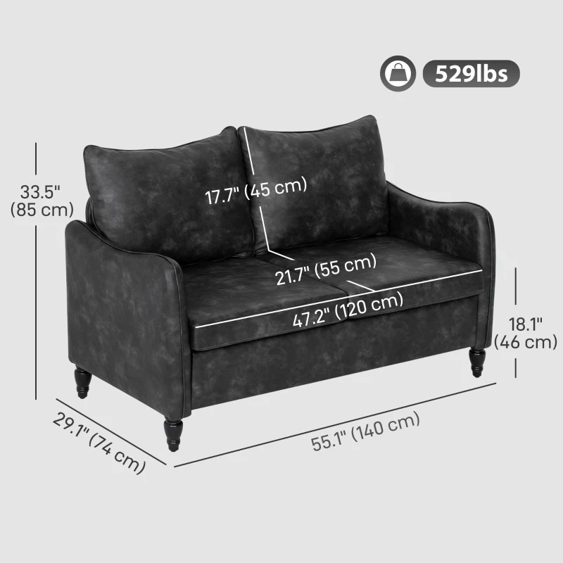 HOMCOM 55" Loveseat Sofa, Small 2 Seater Couch with Solid Wood Legs, Modern PU Leather Upholstered Sofa for Small Spaces, Grey