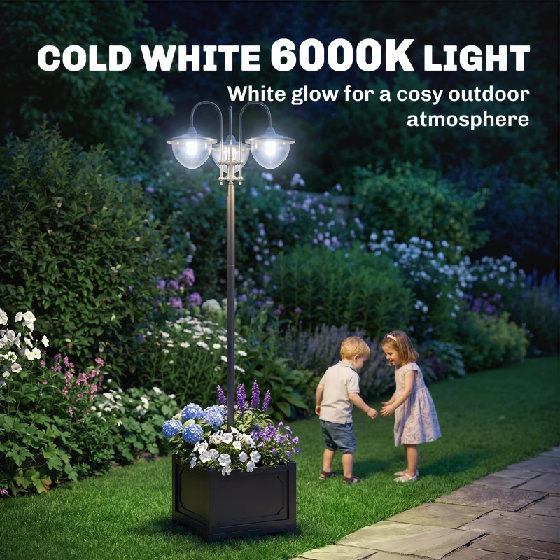 Outsunny 74.5" 3-head Solar Lamp Post Light with Planter, Solar Pole Lights Outdoor Waterproof LED Lighting for Backyard Pathway Patio Lawn Driveway Decor, Black