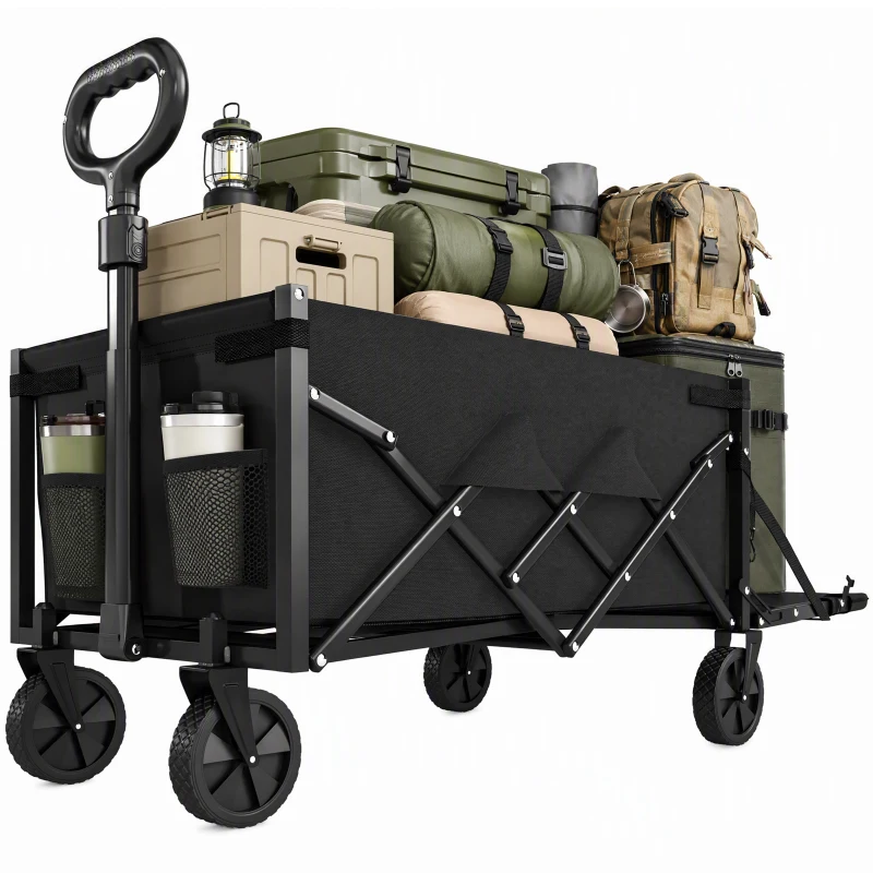 Outsunny 16 Gallon Folding Wagon Cart with Wheels, Heavy-Duty Collapsible Wagon with Drop-Down Tailgate, Black