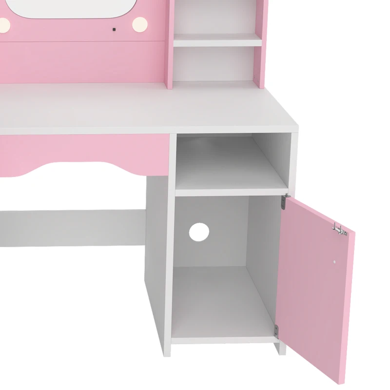 Qaba Kids Vanity Set, Toddler Dressing Table and Chair Set  with Lighted Bow Mirror, Cabinet, Drawer and Shelves, Pink