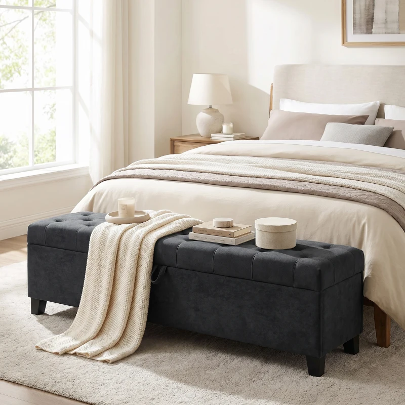 HOMCOM Storage Ottoman Bench, 63" End of Bed Bench for Queen/King Bed, Living Room, Bedroom, Entryway, Dark Grey