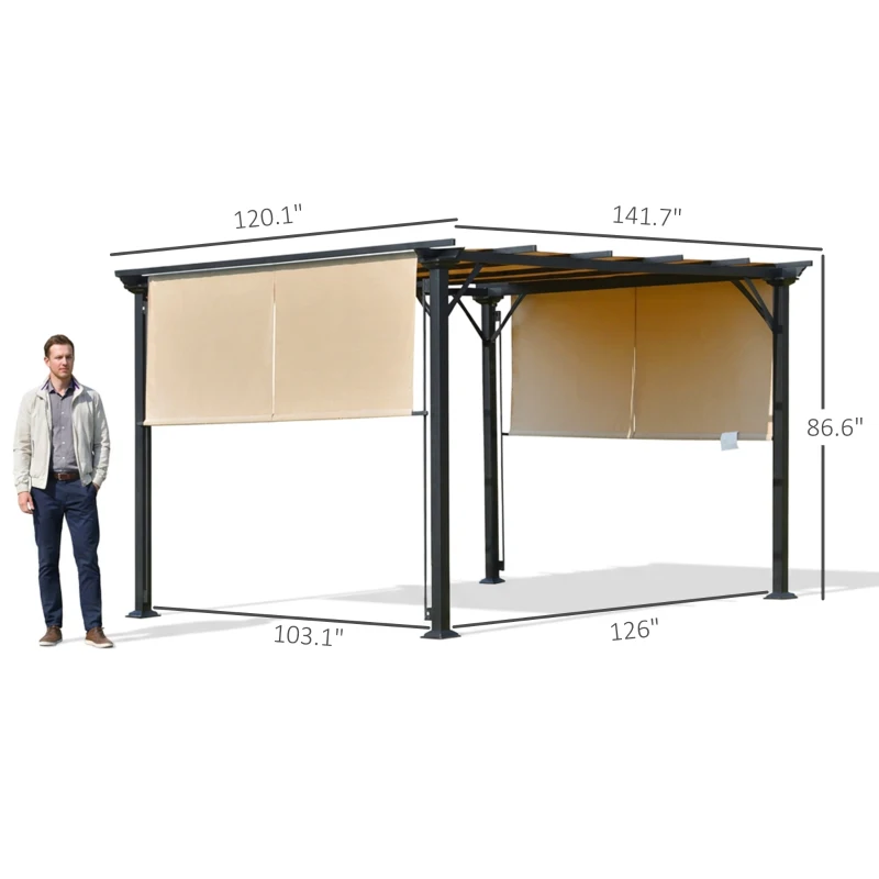 Outsunny 12' x 10' Outdoor Retractable Pergola Canopy with Sun Shade Unique Design Canopy Patio Metal Shelter for Garden Porch Beach, Beige
