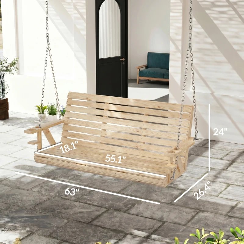 Outsunny 3-Seater Swing Bench, Wooden Porch Swing with Cupholders, Hanging Chains for Patio Garden, Nature Wood