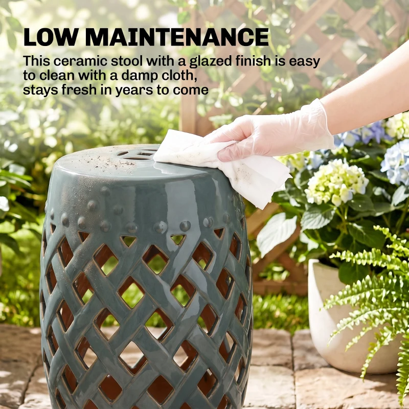 Outsunny 12.5" x 18" Ceramic Garden Stool with Woven Lattice Design & Glazed Strong Materials Decorative Outdoor Stool, Green
