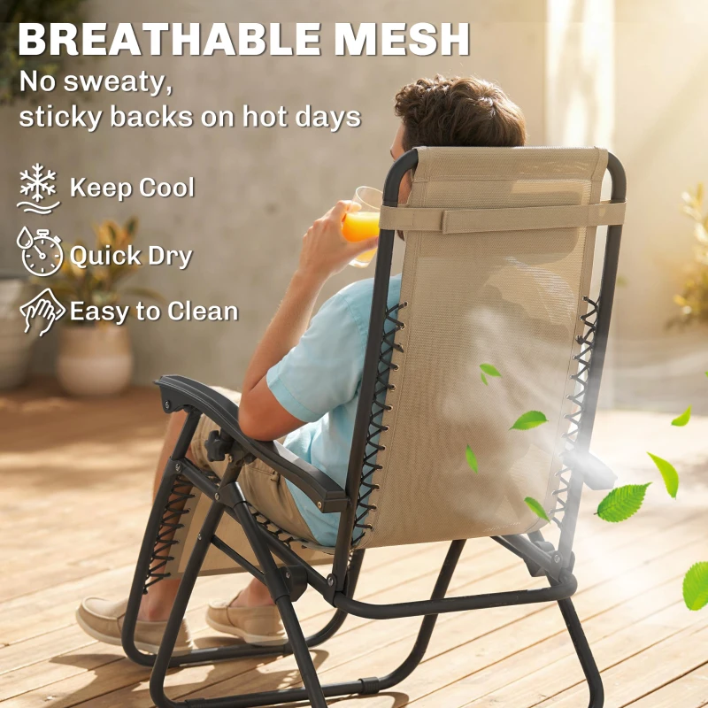 Outsunny Zero Gravity Chair Set of 2 Patio Chair with Side Table Cupholders and Pillows for Pool, Backyard, Lawn, Beige