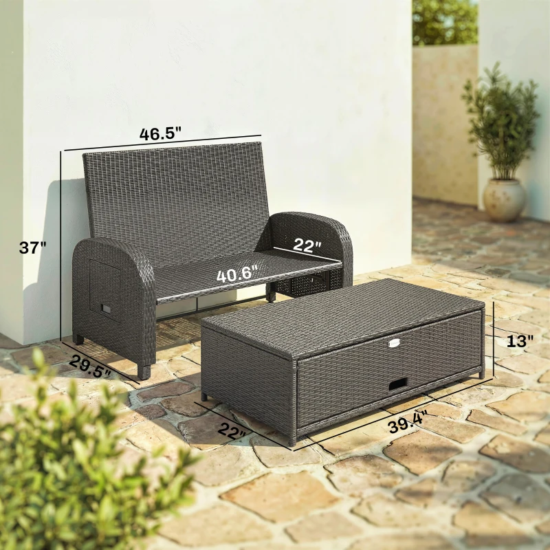 Outsunny Patio Rattan Daybed, Wicker Outdoor Daybed with Storage Ottoman, Loveseat w/ Adjustable Backrest, Gray