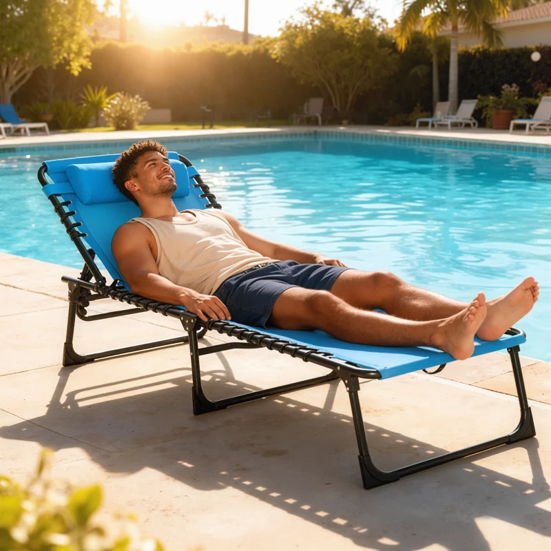 Outsunny Outdoor Folding Lounge Chair, 4-Level Adjustable Chaise Lounge with Headrest, Tanning Chair Beach Bed, Reclining Lounger Cot for Camping, Hiking, Backyard, Sky Blue