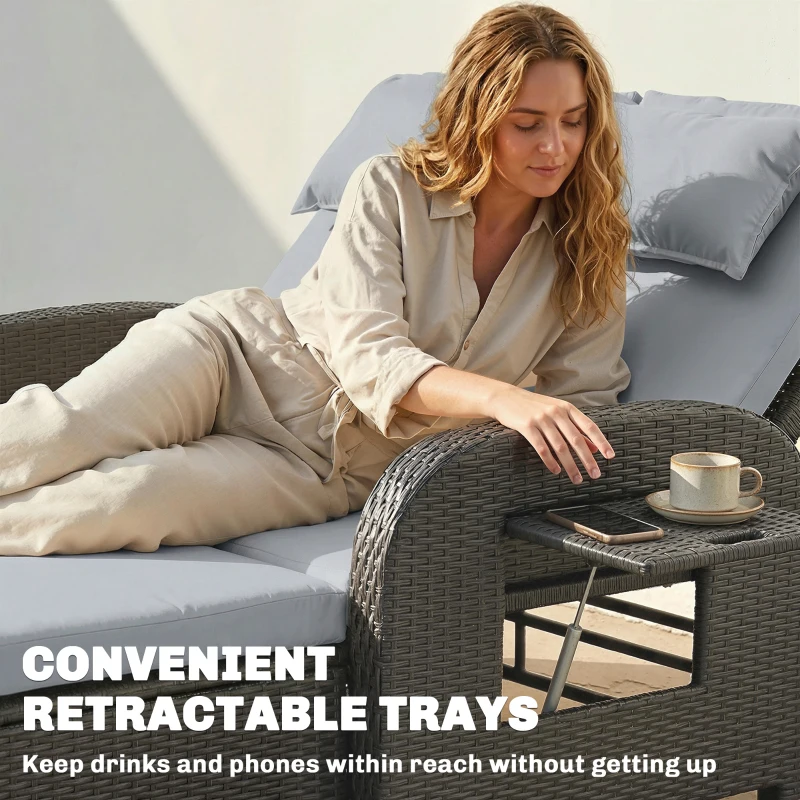 Outsunny Patio Rattan Daybed, Wicker Outdoor Daybed with Storage Ottoman, Loveseat w/ Adjustable Backrest, Gray