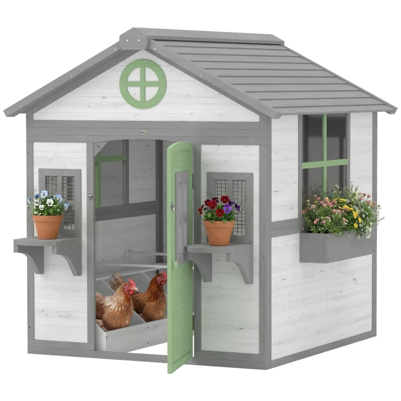 PawHut Chicken Coop, Wooden Hen House Outdoor Playhouse for 2-4 Chickens, Poultry Cage with Planter Pots and Boxes