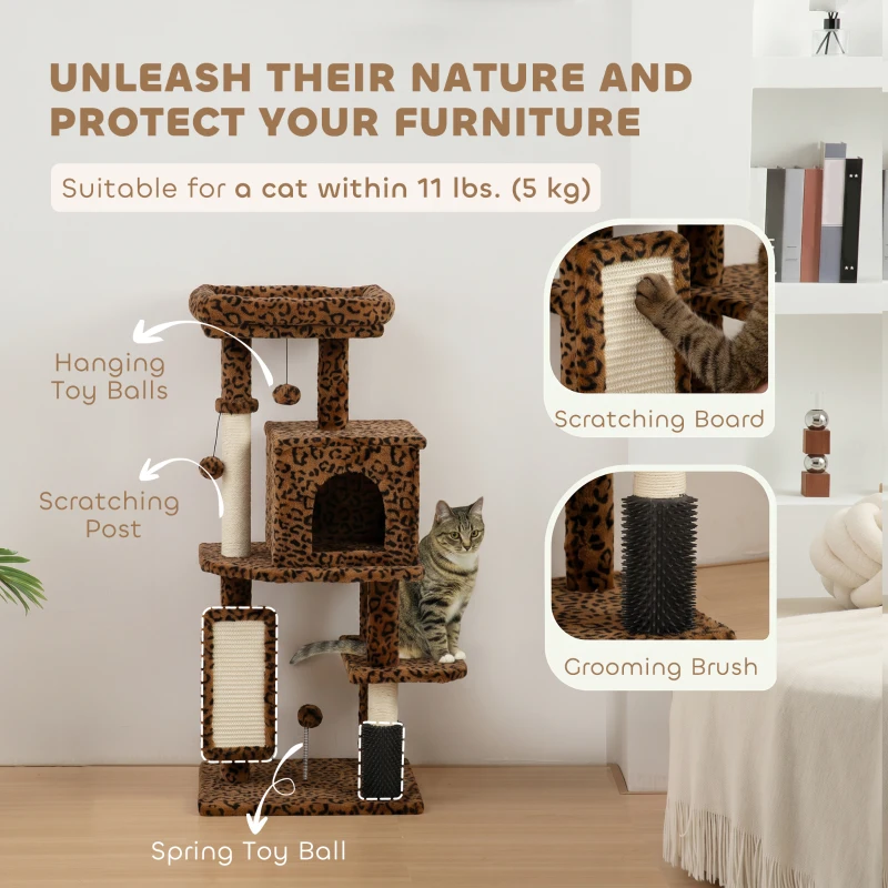 PawHut 41 Inch Cat Tree with Scratching Posts, Cat Bed, Condo, Jumping Platforms, Toy Balls, Leopard Print