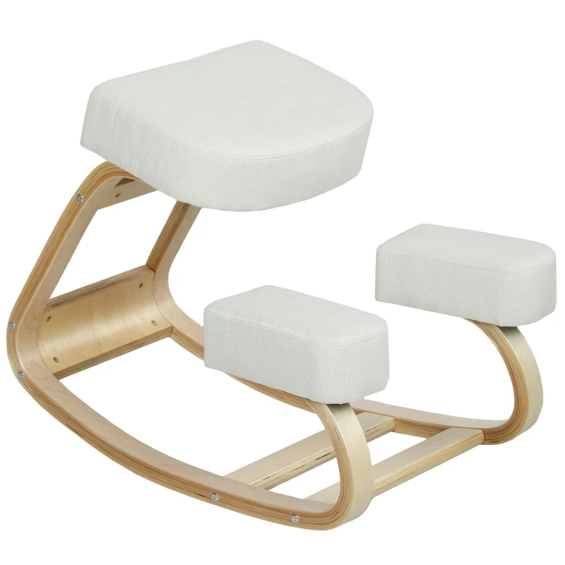HOMCOM Ergonomic Kneeling Chair, Wood Kneel Stool with Thick Pads, Desk Knee Chair, Improve Posture, Cream White