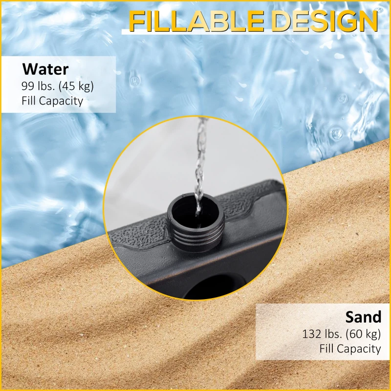 Outsunny Square Umbrella Base with Wheels, 99 lbs Water or 132 lbs Sand Filled, with Double Adjustable Knob, Black