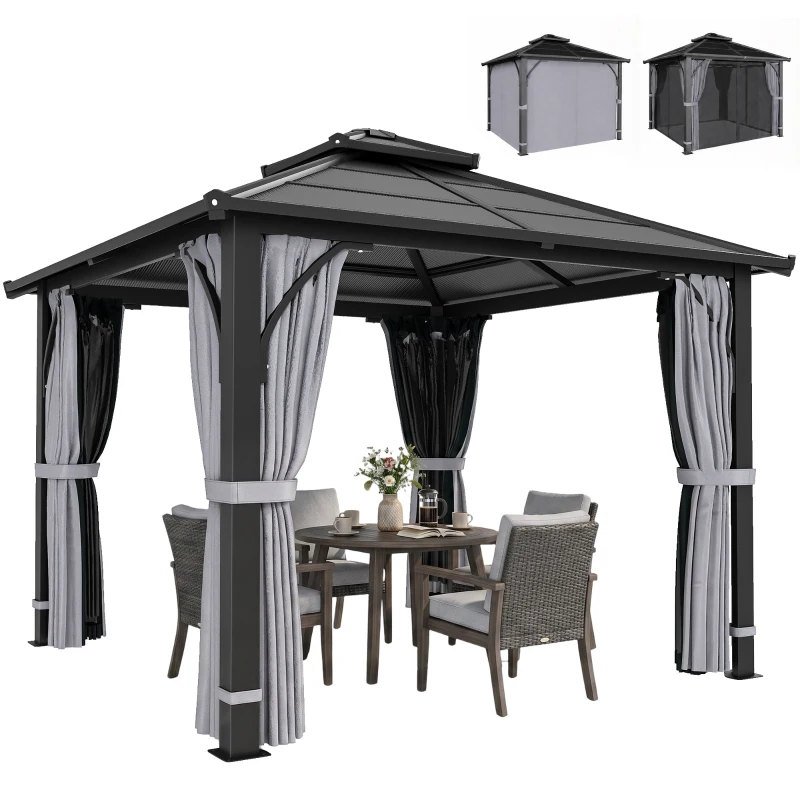 Outsunny 10' x 10' Hardtop Gazebo with 7mm Polycarbonate Double-Tier Roof, Outdoor Gazebo with Netting and Curtains, Dark Grey