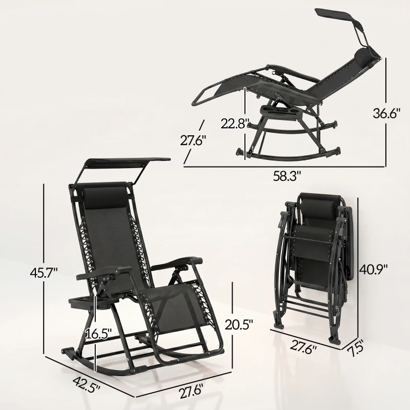 Outsunny 2 Outdoor Rocking Chairs Foldable Reclining Zero Gravity Lounge Rockers w/ Pillow Cup & Phone Holder, Black