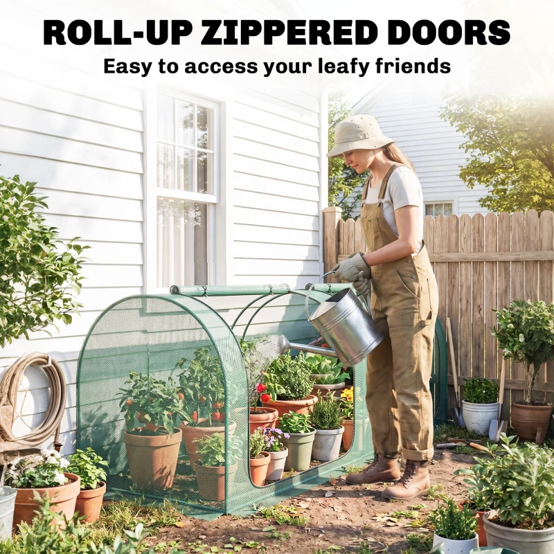Outsunny 8' x 3' Crop Cage, Garden Plant Protector, with 3 Zippered Doors and 6 Ground Stakes, for Garden, Yard, Lawn Dark Green