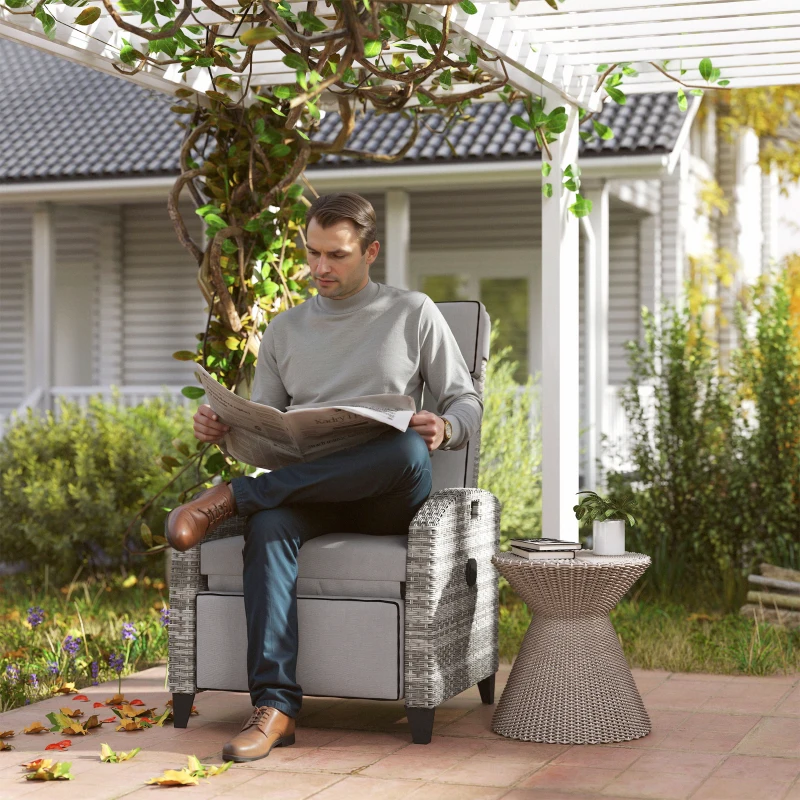 Outsunny Outdoor Recliner Chair with Cushions, Reclining Patio Lounge Chair with Adjustable Footrest, Armrests, Tray Table, Gray