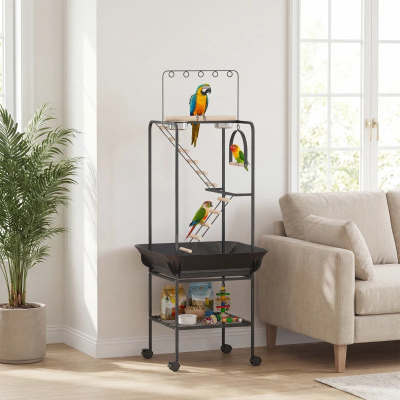 PawHut 64"H Rolling Bird Playground Parrot Stand with Seed Guard & Wheels, Ladders, Swing, Toy Hook & Bowls