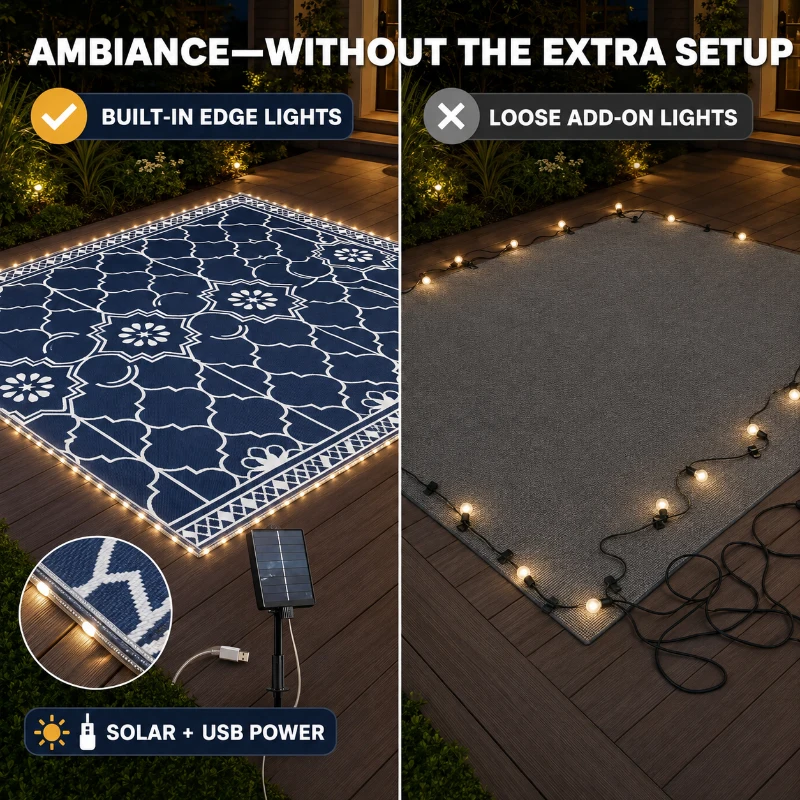Outsunny Reversible Outdoor Rug Carpet with LED Lights, 12' x 9' PP Straw Rug with Carry Bag and Ground Stakes