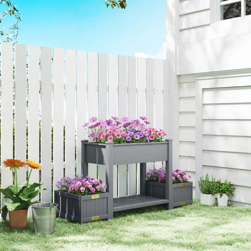 Outsunny Wooden Raised Garden Bed with 2 Foldable Side Pots, Raised Planter with Storage Shelf and Drainage Holes