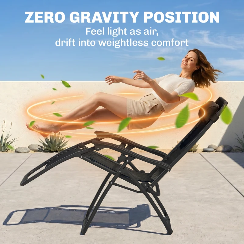 Outsunny Zero Gravity Chair Set of 2 Patio Chair with Side Table Cupholders and Pillows for Pool, Backyard, Lawn, Black