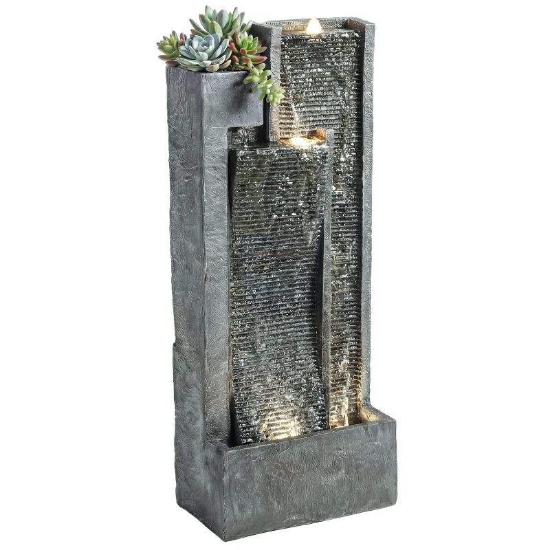 Outsunny 40" Tall Outdoor Waterfall Fountain with LED Lights and Planter, 3-Tier Cascading Waterfall Feature with Pump, Dark Gray