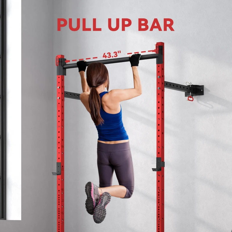 Soozier Folding Squat Rack with Pull Up Bar, Wall Mounted and Adjustable, 1000 Pounds Capacity Power Rack, Red