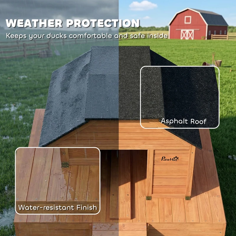 PawHut Floating Duck Coop, Wooden Duck House with Ramp and Waterproof Asphalt Roof, Small Animal House