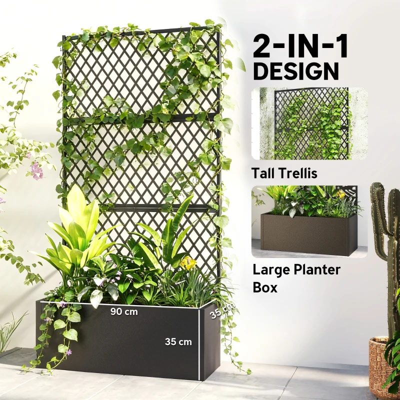 Outsunny Metal Planter Box with Trellis, Raised Garden Bed with Trellis, Diamond Lattice Privacy Planter for Climbing Plants