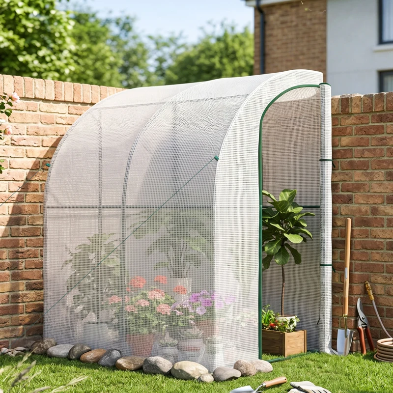 Outsunny 5' x 4' x 7' Outdoor Lean to Greenhouse, Walk-In Green House Plant Nursery with Roll-up Window, PE Cover, White
