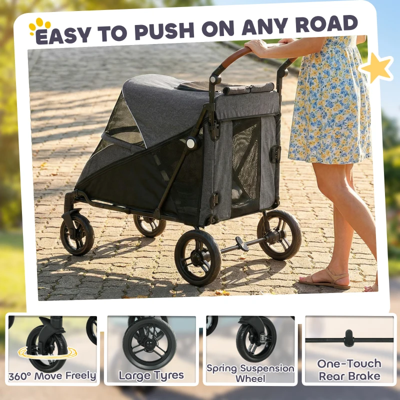 PawHut Dog Stroller for Large Dogs Up to 66 LBS with All-Terrain Spring Suspension, 8-Position Adjustable Handle, Gray