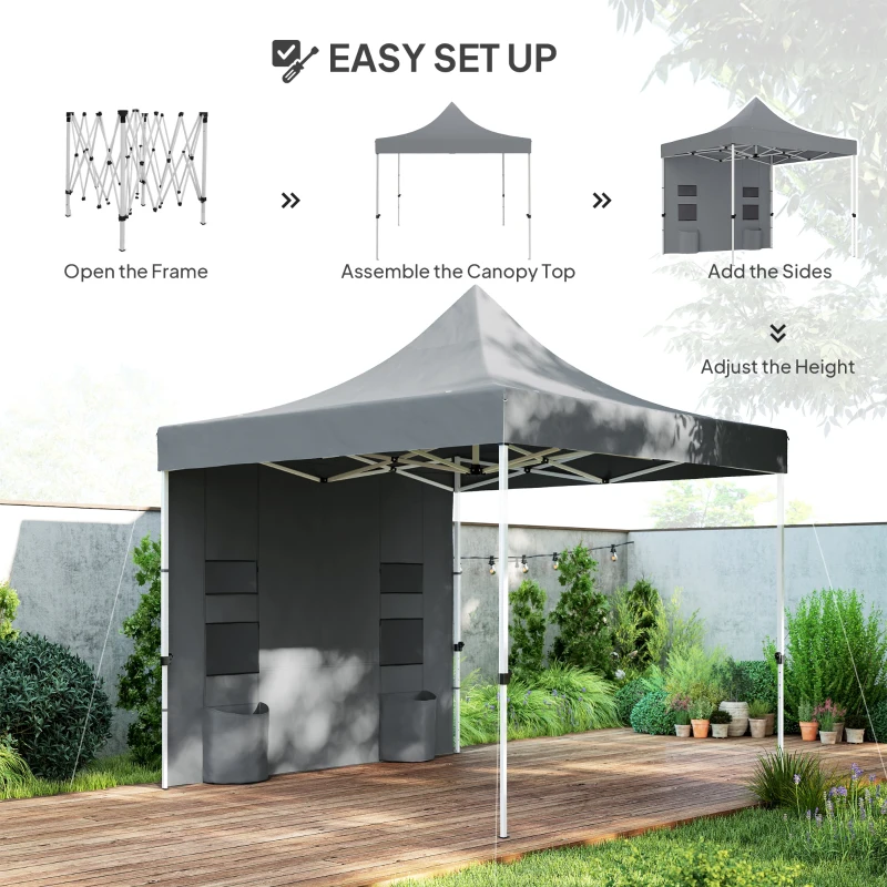 Outsunny 10' x 10' Heavy Duty Pop Up Canopy Tent with Sidewall, UPF50+ Instant Sun Shelter with Storage Pockets, Gray
