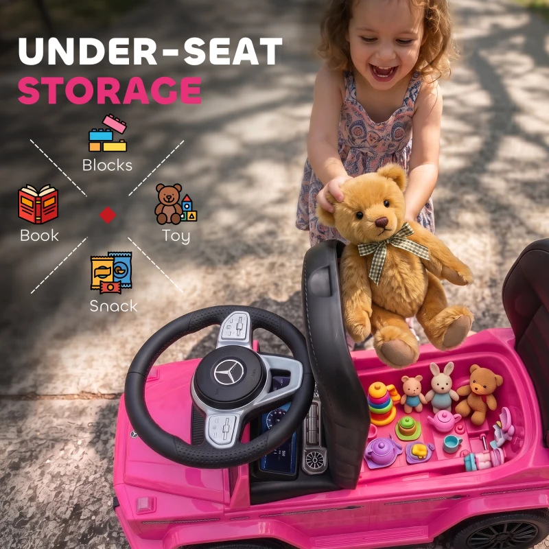 Aosom Mercedes-Benz G350 Licensed Push Car, 3-in-1 Toddler Sliding Car with Horn, Steering, Foot Rest, Seat Storage, Pink