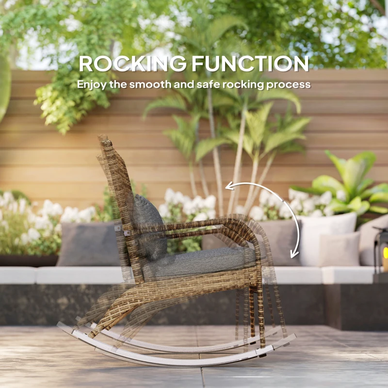 Outsunny Adirondack Chair, Outdoor Wicker Rocking Chair with High Back, Seat Cushion, and Pillow for Porch, Balcony, Gray