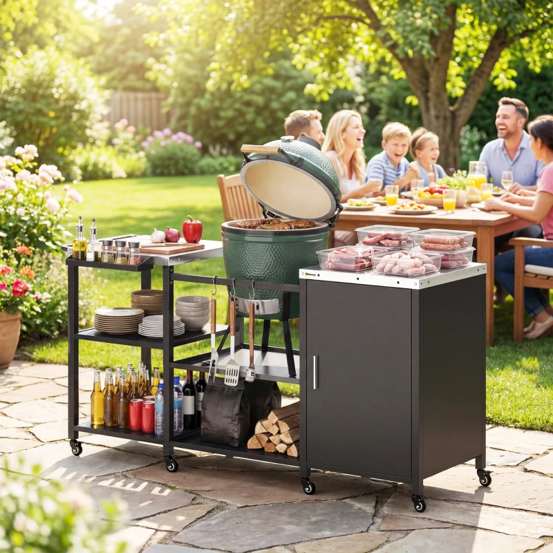 Outsunny Grill Table for Big Green Egg Grill, Heavy Duty Metal BBQ Prep Table with Stainless Steel Top and Storage Cabinet, Black