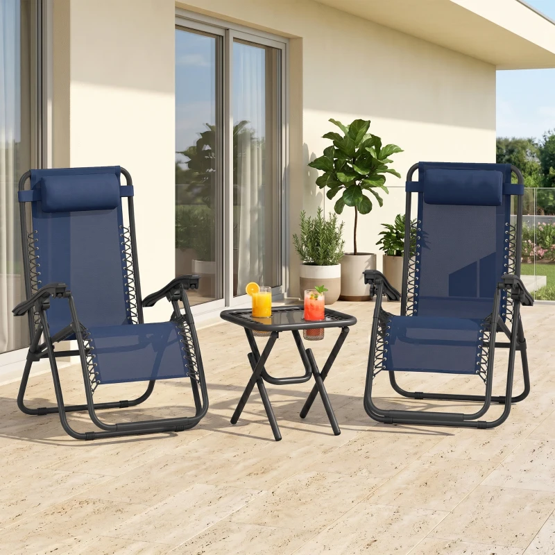 Outsunny Zero Gravity Chair Set of 2 Patio Chair with Side Table Cupholders and Pillows for Pool, Backyard, Lawn, Blue