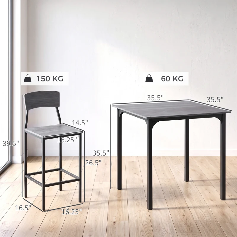 HOMCOM 5-Piece Counter Height Bar Table with Space-Saving Design, Square Kitchen Table and Chairs Set with Footrest, Metal Legs, Industrial Dining Table Set for 4, Gray
