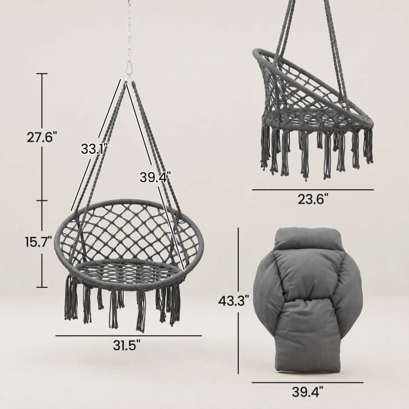 Outsunny Hammock Swing Chair, Macrame Hanging Chair with Large Cushion, Chain, Steel Frame for Indoor Outdoor Use, Dark Gray