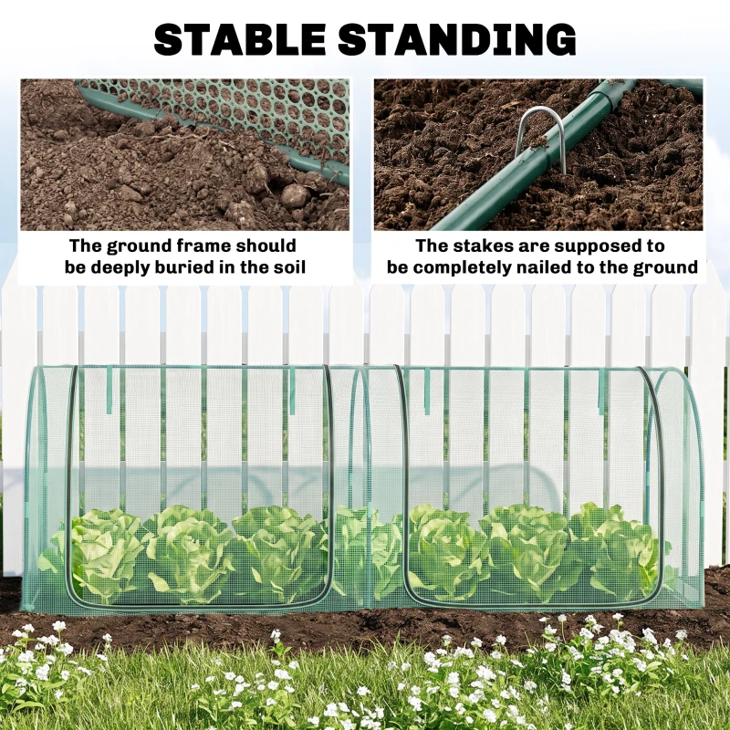 Outsunny 8' x 3' Crop Cage, Garden Plant Protector, with 3 Zippered Doors and 6 Ground Stakes, for Garden, Yard, Lawn Dark Green