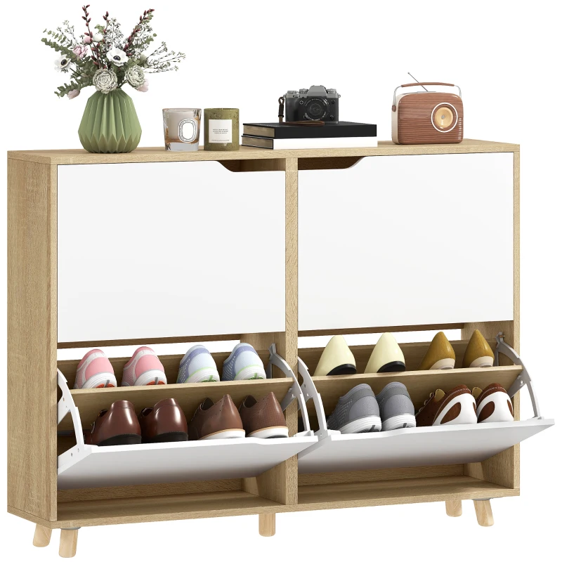 HOMCOM Narrow Shoe Cabinet, Shoe Storage Cabinet with 4 Flip Drawers and Adjustable Shelves for 16 Pairs of Shoes, White