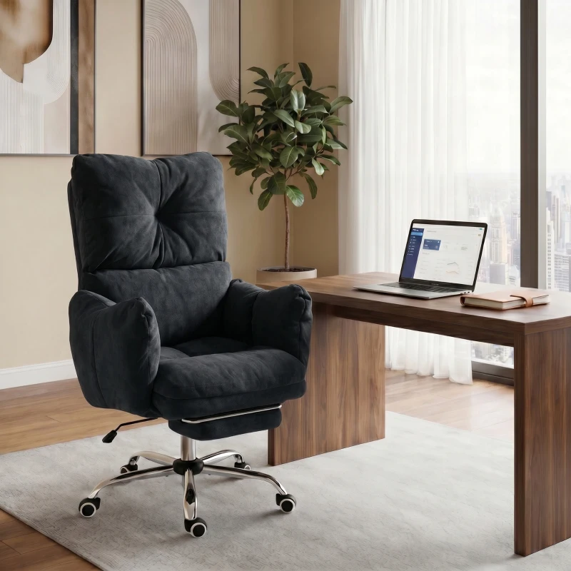HOMCOM Office Chair with Foot Rest, Ergonomic Reclining Computer Gaming Chair w/ Snow Flannel Fabric, Thick Cushion, Black