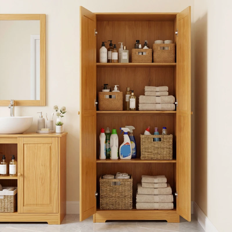 HOMCOM 67" Pinewood Kitchen Pantry Storage Cabinet, Freestanding Cabinets with Doors and Shelves, Dining Room