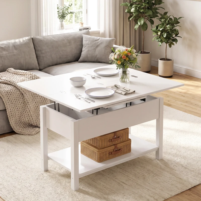 HOMCOM Lift Top Coffee Table with Storage and Hidden Compartment, Modern Convertible Center Table for Living Room, White