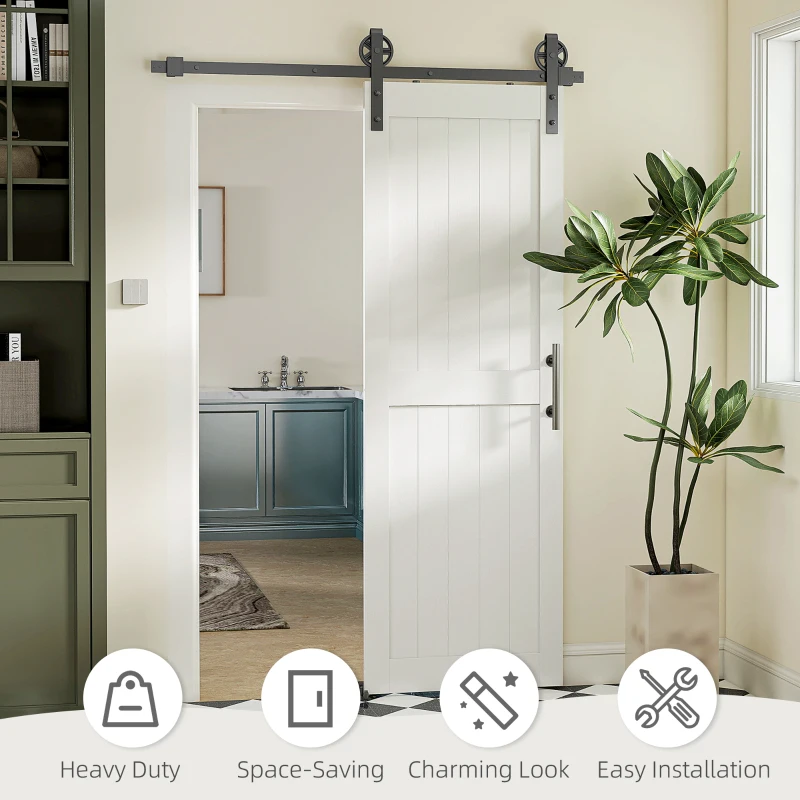 HOMCOM 28inx84in Barn Door with 5FT Sliding Door Hardware Kit, Handle, Upgraded Rollers and Floor Guide, Waterproof, White