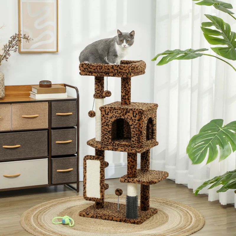 PawHut 41 Inch Cat Tree with Scratching Posts, Cat Bed, Condo, Jumping Platforms, Toy Balls, Leopard Print