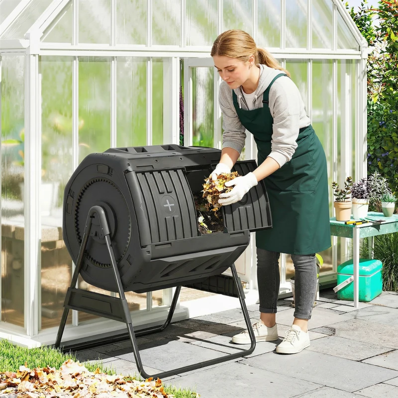 Outsunny Compost Bin Outdoor, 53 Gal Dual Chamber Tumbling Composter with Adjustable Vents, BPA Free Tumbling Composter, Black