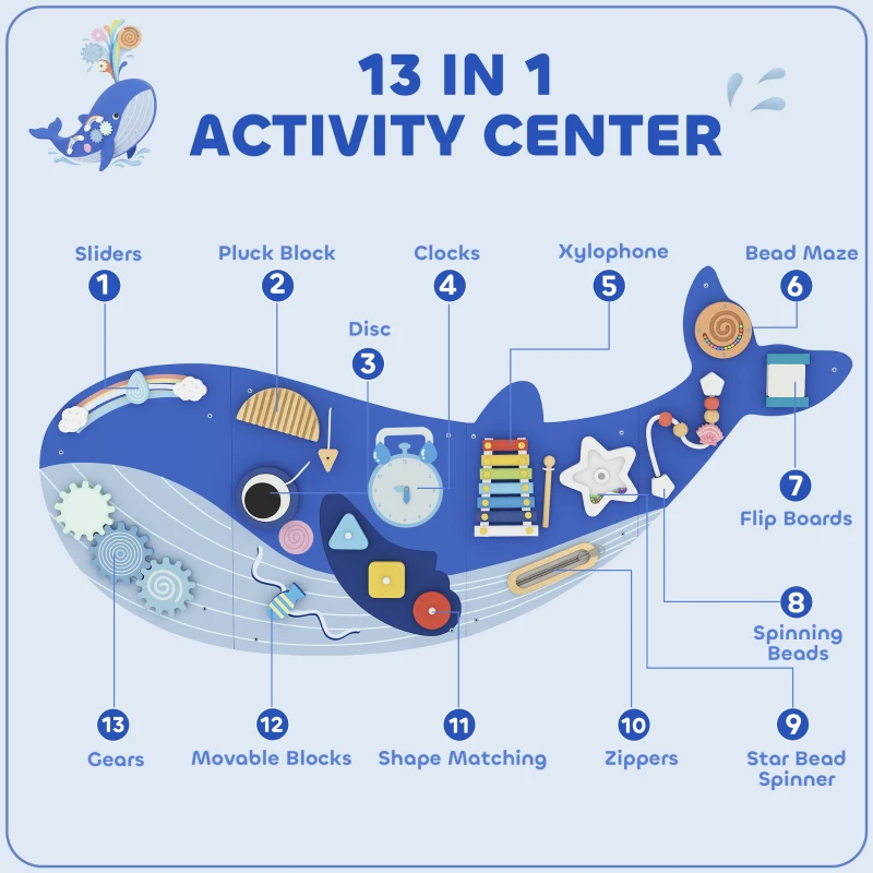 Qaba Whale Activity Wall Busy Board, 13 in 1 Montessori Sensory Wall Panel for Playroom Nursery Classroom Boys Girls 2+, Blue
