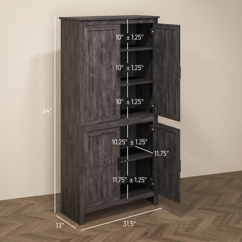 HOMCOM 64" 4-Door Kitchen Pantry, Freestanding Storage Cabinet with 3 Adjustable Shelves for Kitchen, Gray Oak