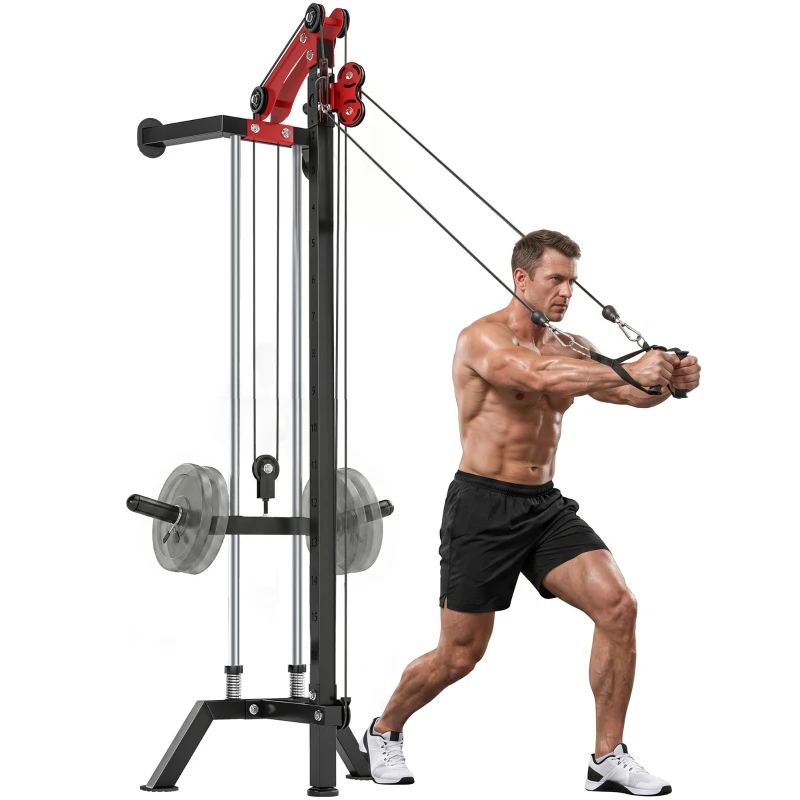 Soozier Wall Mount Cable Station, 16 Positions Adjustable Pulley Machine, Cable Crossover Machine with Handle Bar