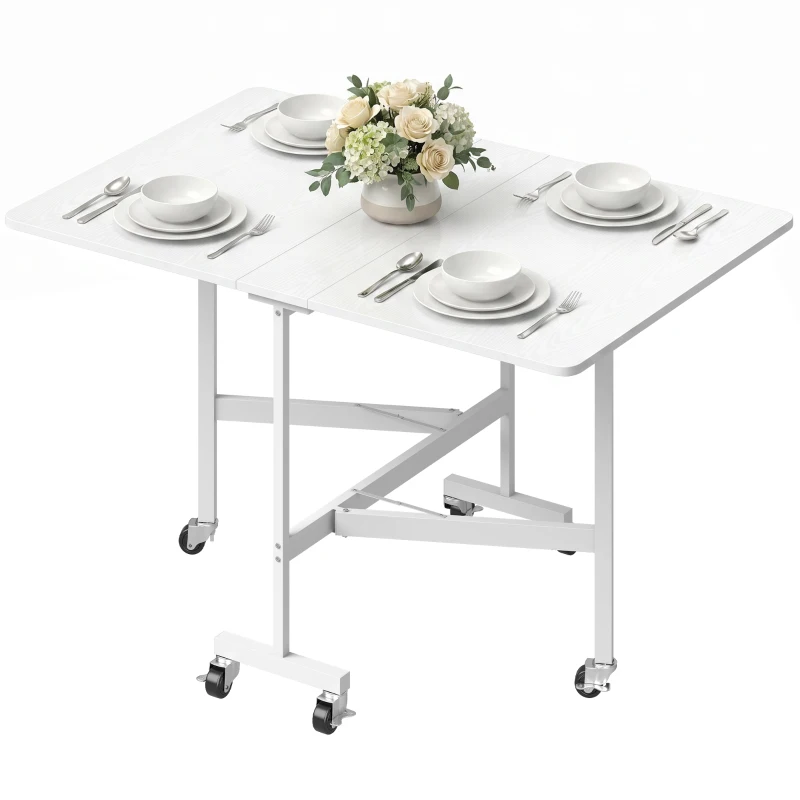 HOMCOM Six-Seater Drop-Leaf Dining Table with Wheels, White